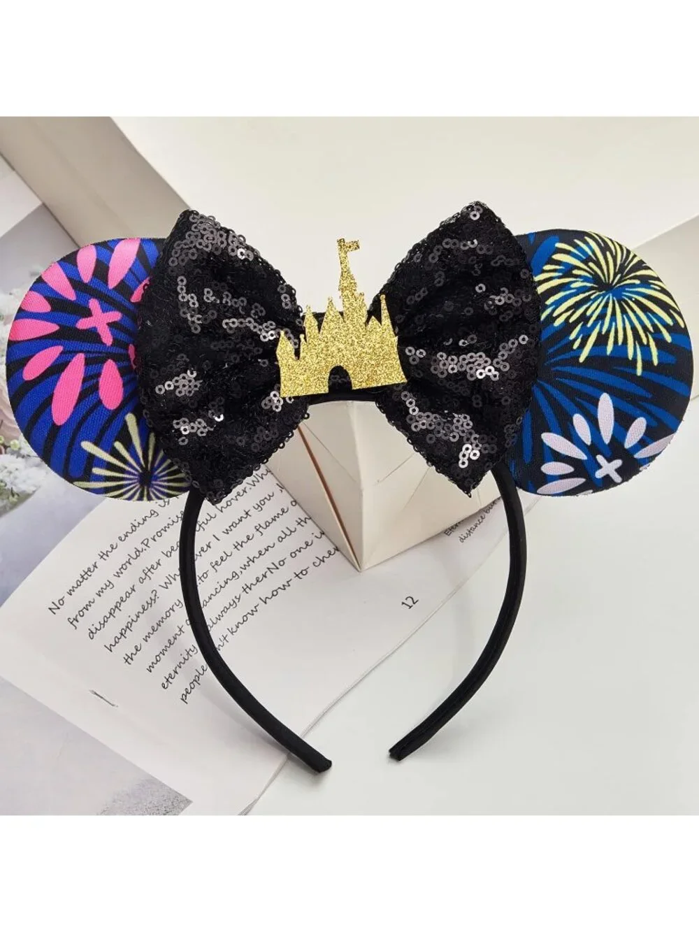 Women Black Gold Sequin Handmade Mickey Mouse Headband 2 Pieces